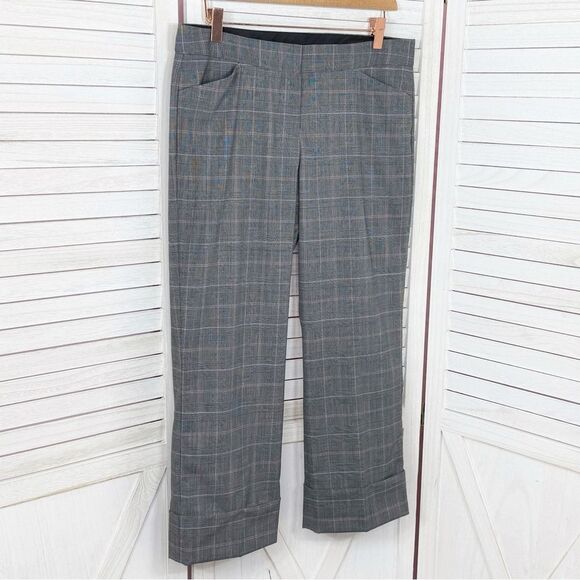 Express Editor Glen Check Plaid Straight Leg Cuffed Crop Dress Pants Grey Pink 8 - Picture 1 of 13